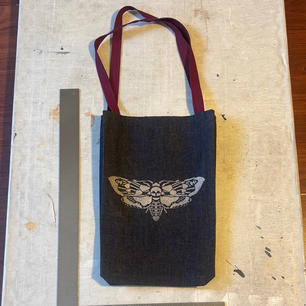 Dark Blue DENIM Tote Bag with Maroon Straps and Moth Graphic